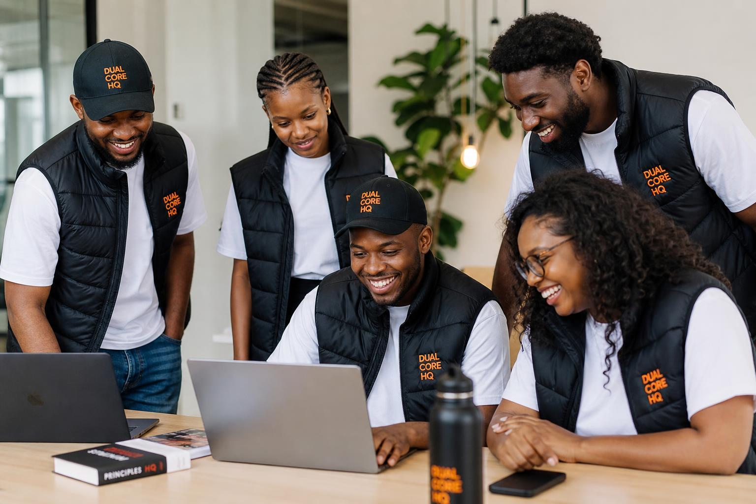 Diverse team collaborating around a laptop