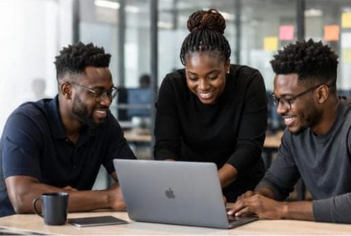 Team reviewing work together on a laptop