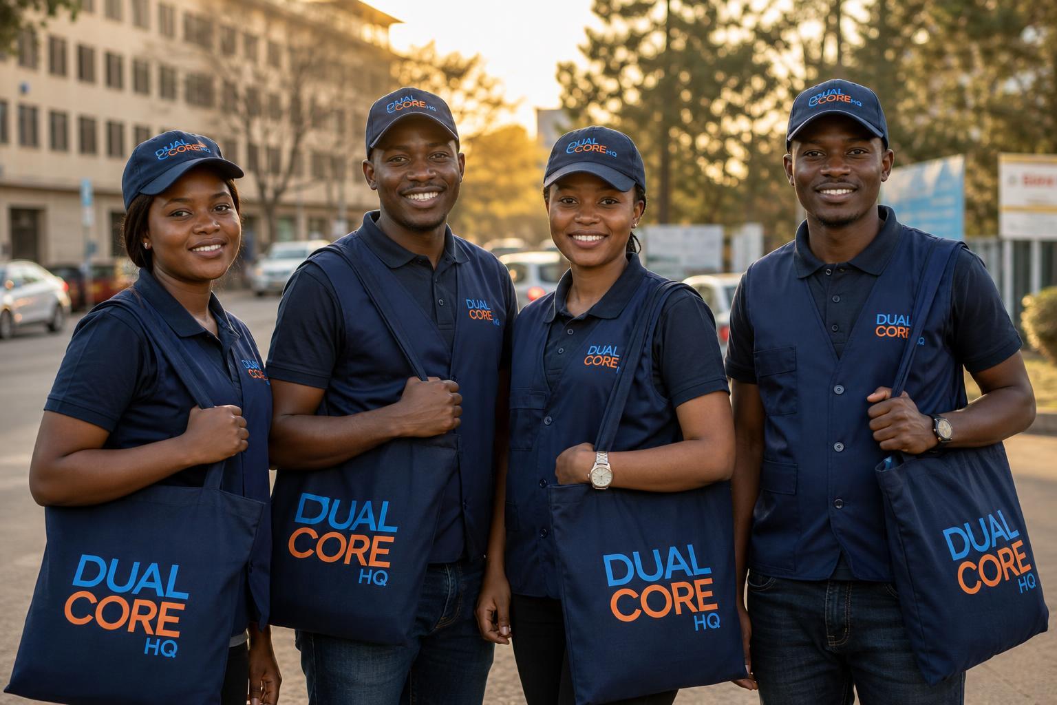DUAL CORE team standing together in branded shirts